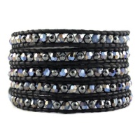 Chan Luu Hematite and White Opal Sky Blue Crystal Wrap Bracelet on Natural Black Leather