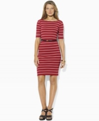 Tailor stripes and anchor-embossed buttons give a seafaring spirit to Lauren by Ralph Lauren's fine-ribbed cotton dress, accented with rope belt at the waist for a chic finishing touch.