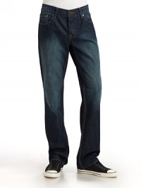 Slightly fitted, yet exceptionally comfortable, this slim-fit cotton denim classic comes in the season's trendiest hue.Mid-width waistband with belt loops Front zipper and button fly Five-pocket style Contrast stitching and logo patch at backpocket Inseam, about 34 Cotton; hand wash or machine wash Imported