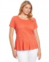 Vince Camuto Women's Plus Size Cap Sleeve Peplum Lace Top, Papaya, 1X