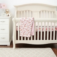 Birds frolic on blooming tree branches in this colorful set. Shades of pink and orange, trimmed in brown, highlight the coordinating floral print. The Complete Sheet Set includes the complete sheet, crib skirt, nursery blanket and decorative wall decals.The American Academy of Pediatrics and the U.S. Consumer Product Safety Commission have made recommendations for safe bedding practices for babies. When putting infants under 12 months to sleep, remove pillows, quilts, comforters, and other soft items from the crib.