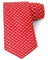 Bicycles and cars zoom across this bright and cheerful tie from Salvatore Ferragamo, a lighthearted addition to your professional wardrobe.