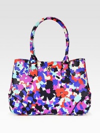 A rich opulent print on this structured top-handle bag of coated canvas imparts thoughts of spring. Double top handles, 7½ dropMagnetic snap closureProtective metal feetTwo inside zip pocketsTwo inside open pocketsCotton lining13½W X 9½H X 4DImported