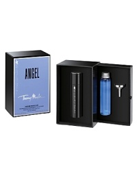 Indulge in the delicious scent of ANGEL at any time with the ANGEL Refillable Purse Spray (7.5 mL/0.25 fl. oz.), featuring a trail of cascading stars. Also included is a refill bottle (35 mL/1.2 fl. oz.) and metal funnel for replenishing on the go.