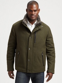 As the temperature drops, you'll never be left out in the cold with this Italian flat wool jacket, featuring a snap-front placket and a removable shearling collar for maximum coverage.Zip frontStand collarZippered chest, waist slash pocketsFully linedAbout 28 from shoulder to hem80% wool/20% polyamideDry cleanImported of Italian fabricFur origin: Portugal