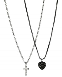 GUESS sets the tone, twice over, with this two-row necklace. Crafted from silvert-tone and hematite-tone mixed metals, the pendants glisten with glass crystal accents. Item comes packaged in a signature GUESS Gift Box. Approximate length: 16 inches + 2-inch extender. Approximate drop: 1-1/4 inches.