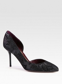 The iconic d'Orsay, low-cut silhouette rendered in soft suede with a brocade design. Lacquered heel, 3½ (90mm)Suede upperPoint toeLeather lining and solePadded insoleMade in ItalyOUR FIT MODEL RECOMMENDS ordering true size. 