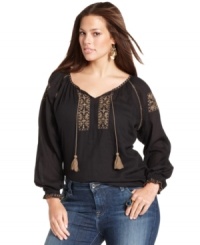 Be a boho beauty in Lucky Brand Jeans' long sleeve plus size peasant top, finished by embroidery.