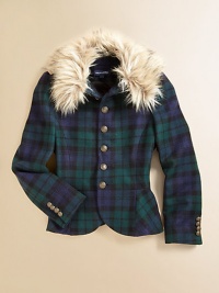 Rendered in classic tartan plaid with a plush faux-fur collar, a wool peplum jacket exudes luxurious heritage style.Faux fur stand collarLong puffed sleeves with button cuffsButton-frontPeplum hemWoolDry cleanImported Please note: Number of buttons may vary depending on size ordered. 