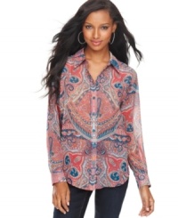 INC's floaty button-front shirt offers a traditional look with a modern twist, thanks to a paisley print in a bold color palette. (Clearance)