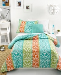 Vibrant color takes center stage in this Marci comforter set with a hot palette of orange, lime green and turquoise. Vertical stripes are embellished with a painterly pattern and ribbon accents. Reverses to an allover heart design.