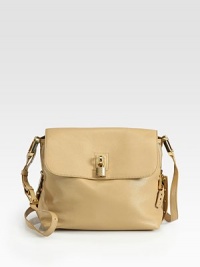 Supple Italian leather shaped in a chic flap silhouette, finished with goldtone hardware and a signature padlock.Adjustable shoulder strap, 16½-22½ drop Magnetic flap closure Protective metal feet One inside zip pocket Cotton lining 13W X 10H X 4½D Made in Italy