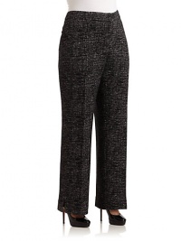 THE LOOKAllover tweed constructionBanded waistZip fly with slide tab closureWide leg silhouetteTHE FITRise, about 10 Inseam, about 34THE MATERIALWool/cottonCARE & ORIGINDry cleanImported