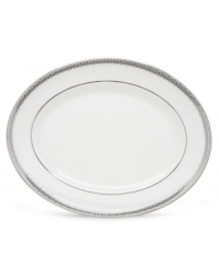 Inspired by the trim on an elegant couture gown, this graceful dinnerware and dishes collection from Lenox features an intricate platinum border that combines harmoniously with white bone china for unparalleled style.