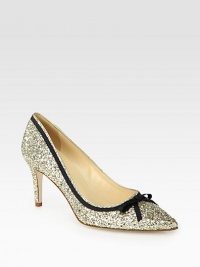 This glittery point toe pump with grosgrain ribbon trim is a lust-worthy look. Self-covered heel, 3 (75mm)Glitter-coated upper with grosgrain ribbon trimPoint toeLeather lining and solePadded insoleImported