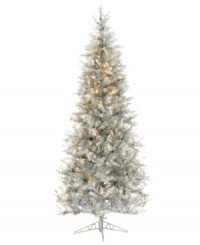 No decorating required with this shimmery silver tree. Standing over seven feet tall, this sleek beauty comes draped in 450 clear lights for maximum glow and makes a truly unique statement in any holiday home.