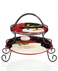 Irresistibly cute and cartoonish, the Christmas Cut-Outs tiered server sets the tone for a holly, jolly Christmas. Two plates starring the holiday duo sit in an elegant metal rack.