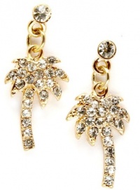 Adorable Gold Plated Tropical Palm Tree Crystal Embellished Charm Dangle Earrings with Post Backing