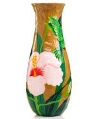 A celebration of the earth, this papier-mache vase is crafted entirely by hand and of recycled paper. Vibrant pink hibiscus and native wildlife are painted against a neutral ground by a practiced Haitian artist.