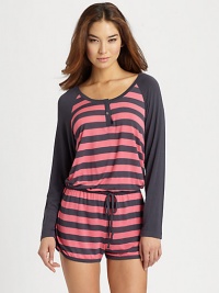 Spend your down time in silky-soft stretch jersey, enlivened with fresh-toned stripes.Banded scoop necklineButton placketLong solid raglan sleevesDrawstring waistInseam, about 1½Rayon/spandexMachine washImported