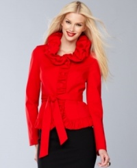 A ruffled collar and ruched placket and hem make this INC jacket irresistibly feminine.