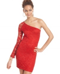 Romantic lace goes downtown -- a one-sleeved, curve-hugging dress from Jump is just the thing to turn heads at the club!