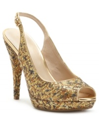 Let the sparkle take over. Nine West's Glameron platform pumps feature a slingback heel and a covered platform and heel.