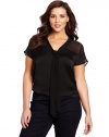 DKNYC Women's Plus-Size Sleeveless V-Neck Bow Blouse, Black, 1X