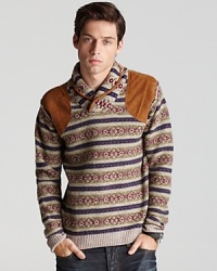 Suede trim at the collar and shoulders bring an earthy charm to the striped shawl collar sweater.