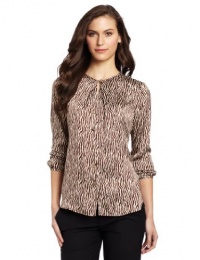 Jones New York Women's Pleated Round Neck Blouse, Multi, 12