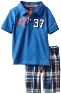 Izod Kids Boys 2-7 Short Sleeve Polo Shirt and Plaid Short, Medium Blue, 2T/2 Regular