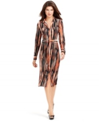 Kasper outfits a must-have silhouette with a striking stripe--this belted shirtdress is a flattering addition to your work wardrobe.