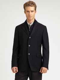 Expect the unexpected with this classically-inspired three-button blazer shaped in the supreme softness of a wool and cashmere blend, featuring a zip-out front vest panel and an additional front ticket pocket.Button-frontNotch lapelChest welt, waist flap pocketsSide vents95% wool/5% cashmereDry cleanMade in Italy