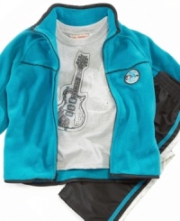 Your little rockstar will totally dig these new duds by Kids Headquarters featuring a vibrant fleece jacket, sporty pants, and a guitar graphic tee.