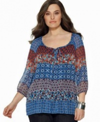 Elementz Plus Size Top, Three Quarter Sleeve, Printed Stapelton, Size 2x Mulit Color