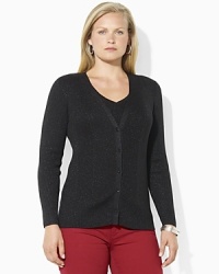 Lustrous jeweled buttons light up the front of a slim-fitting cardigan in sparkling ribbed cotton blend.