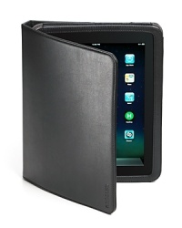 iPad jacket with custom cutouts for play-through access to all device features. Durable faux-leather material with a secure band closure for security. Interior suede lining for added protection. Opens to convert into a stand with multiple viewing positions and features a secure elastic closure.