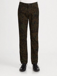 A modern, innovative approach to military style, this classic five-pocket silhouette takes a next level approach to the traditional camo print; Crafted from printed cotton, this pant style exudes a downtown style and attitude, set in a uniform fit for a sleek, streamlined look.Five-pocket styleZip flyInseam, about 34CottonMachine washImported