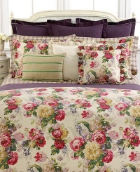 Lauren Ralph Lauren Comforter King Surrey Garden Collection Floral Pink Burgandy Purple Green Gold on Tan 110 x 96