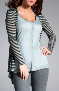 Three Dots Women's Sheer Tencel Stripe Long-Sleeve Double Layer Cardigan, Silver Sage/ Charcoal, Large