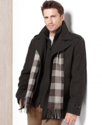 Slip into sophistication with the refined look of this wool-blend pea coat and scarf from London Fog.