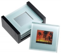 Global Decor Photo Frame Glass Coasters in Wood Stand, Set of 4