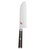 Handcrafted in Japan, these exceptional knives combine the strength of 64 layers of VG10 super steel with the artistry of fine Japanese design. Durable and beautiful - the knives feature a decorative floral Damascus pattern on each blade for the ultimate in forma and function. The Santoku Hollow Edge allows air in between the blade and the item being cut for extra thin cutting.