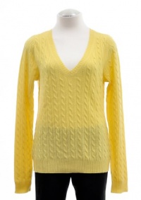 Aqua Bright Yellow Cashmere V-Neckline Long Sleeve Cable Knit Sweater Large