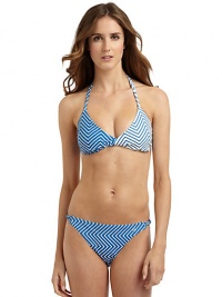 THE LOOKZigzag stripes patternAdjustable halter straps tie at neckTwisted detailing at center frontPadded cupsBack tie closureTHE MATERIAL80% nylon/20% spandexFully linedCARE & ORIGINHand washImportedPlease note: Bikini bottom sold separately. 