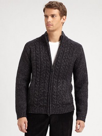 A chunky zippered cardigan featuring bold cable-knit details and a cool mockneck collar.Mockneck collarZip frontLong sleevesFront slash pocketsRibbed details at collar, cuffs, pockets and hem70% acrylic/18% cotton/12% polyesterDry cleanImported