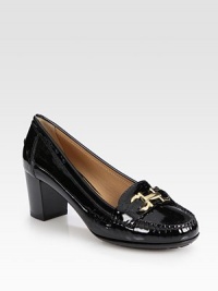 Glassy patent leather in a traditional moccasin design with a logoed buckle and chunky stacked heel. Stacked heel, 2 (50mm)Patent leather upperRubber solePadded insoleMade in Italy