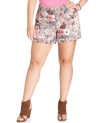 Look pretty in petals with Hot Kiss' plus size shorts, featuring a blooming floral-print! (Clearance)