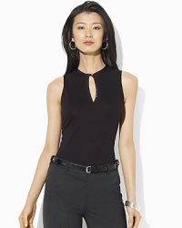 Rendered in sleek jersey, a modern sleeveless top is crafted with a split neckline and trimmed with supple leather.