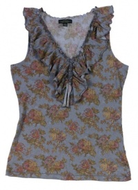 Lauren Jeans Co. Women's Sleeveless Ruffled V-neck Jersey Top (Blue Multi) (Medium)